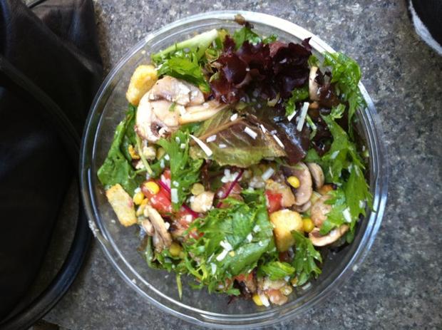 Lunch: salad with parmesan cheese, croutons, corn, avocado, mushrooms, olive oil, salt and pepper