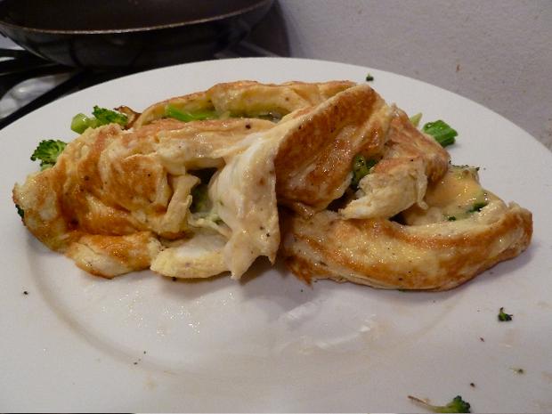 Dinner: three-egg omelet (4 ounces of broccoli, slice of American cheese, 1.5 ounces of butter); water