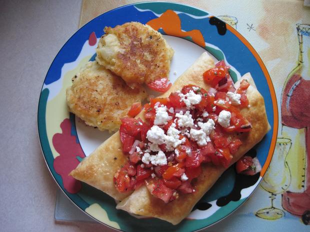 Dinner: chicken flautas filled with chicken, onion, garlic and feta cheese and topped with tomato salsa and feta; fried potato pancakes