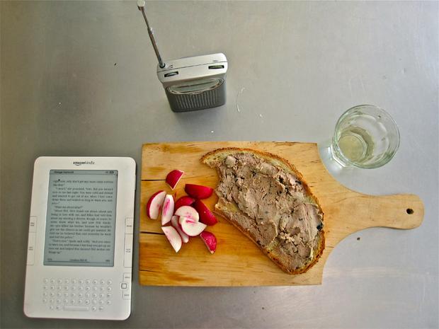 Lunch: duck pate (with pork and mushrooms) on a ¾ inch slice of toasted bread; white wine; cut radishes