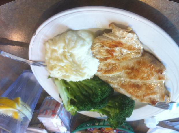 Dinner: grilled chicken; mashed potatoes; broccoli; water with lemon