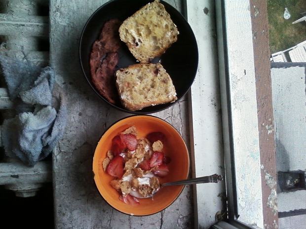 Breakfast: Cranberry bread with smart balance butter; turkey bacon without cooking oil; 2 percent plain Greek yogurt with blueberry Special K cereal and strawberries
