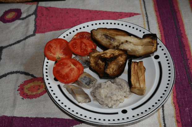 Breakfast: Herring; grilled eggplant; tomato