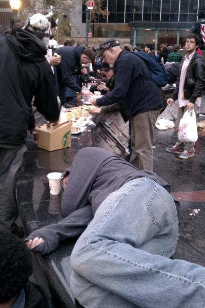 Anti-Wall Street protesters regroup for breakfast and rest in Foley Square in Lower Manhattan.