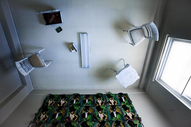 The show at Andrew Freedman represents a unique opportunity to explore a building with an unusual history. Here, Scherezade Garcia's 'The Formerly Rich' occupies the ceiling.