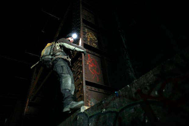 Steve Duncan climbing around in northern section of the West Side Railroad Tunnel.