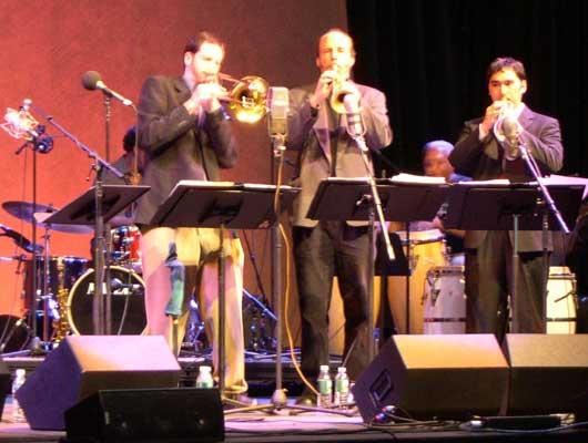 Members of E/O Joel Yennior, trombone; Tom Halter, trumpet; Colin Fisher, trumpet; (back row) Fransisco Mela, drums; Vicente Lebron, congas and perc. WFC, 11/12/04.
