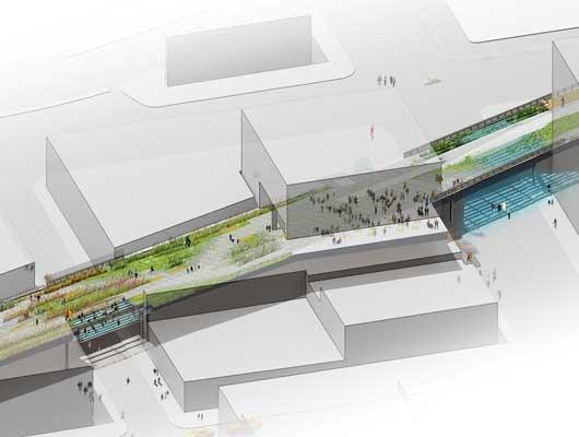The High Line, preliminary design, planking system with circulation and construction details. Computer-generated image.