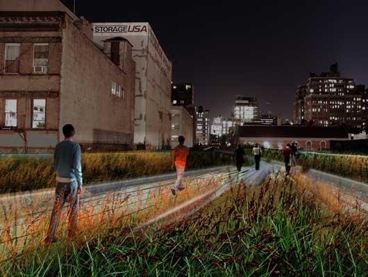 The High Line, preliminary design, nighttime surface lighting. Computer-generated image.