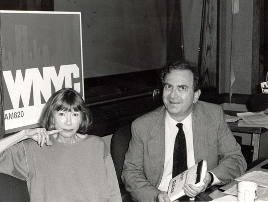 Author Joan Didion poses with Leonard while discussing her book, The Last Thing He Wanted, 1996.