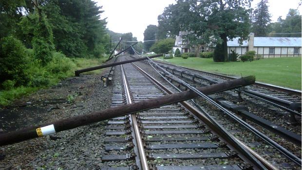 Power lines on Metro-North Railroad's Harlem Line were brought down at Valhalla. Power lines on Metro-North Railroad's Harlem Line were brought down at Valhalla.