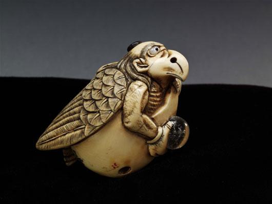 Tengu netsuke: This mid-18th-century netsuke portrays a tengu (a Japanese mythological bird) emerging from a giant egg.
