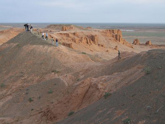 IMAX crew prepares for an early morning shot at the famous Flaming Cliffs of Mongolia.
