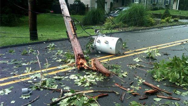 Massive hardwoods came down and snapped power poles and lines on Woodland Avenue in Brookside, NJ. Massive hardwoods came down and snapped power poles and lines on Woodland Avenue in Brookside, NJ.