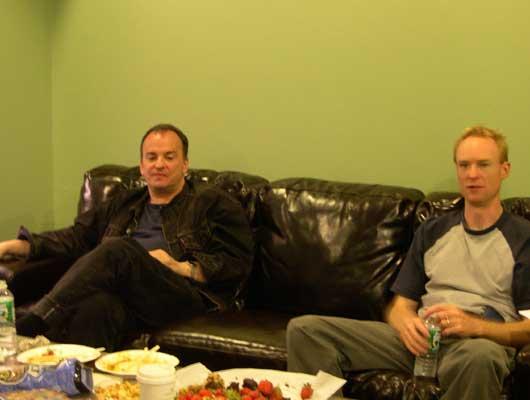 Composer and guitarist Phil Kline hangs out in the GREEN room with host John Schaefer before the performance, 9/28/04.