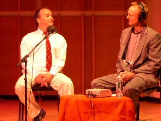 Phil Kline talks evasive politics with host John Schaefer from the stage at Merkin Hall, 9/28/04.