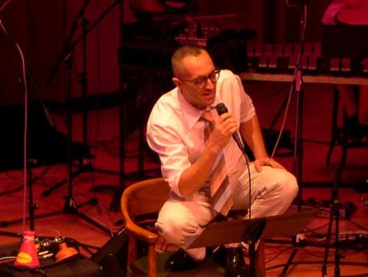 Theo Bleckmann performs the Zippo Song 'Been to Hell,' from a menacing perch, 9/28/04.