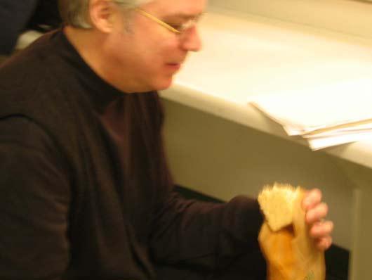 Bill Frisell with rice krispie treat, 1/15/04.