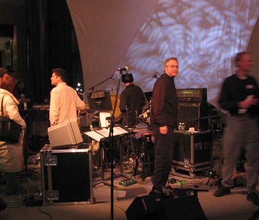 The trio (from L to R): Tony Scherr, Kenny Wollesen, Bill Frisell, and John Schaefer in a hurry, 1/15/04.