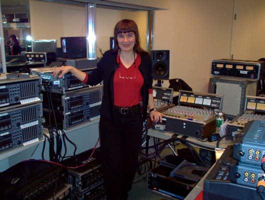 WNYC engineer Irene Trudel and the equipment, 12/9/03.