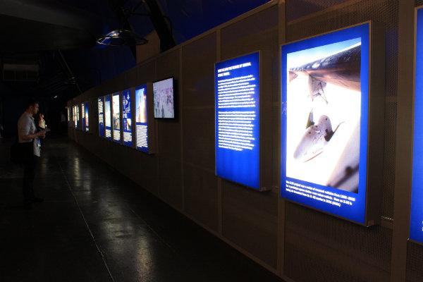 The pavilion 'walls' are lined with panels on the shuttle and the program's history, as well as video stations.