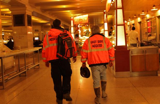 Ury, and Rhodes take their lunch at Junior's on this day. Most workers bring their own, but occasionally eat at the Grand Central food court, muddy boots and all. Ury, and Rhodes take their lunch at Junior's on this day. Most workers bring their own, but occasionally eat at the Grand Central food court, muddy boots and all.