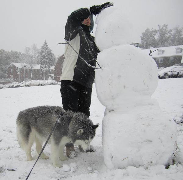 Unexpected sight in October: building a snowman in Summit, New Jersey. Unexpected sight in October: building a snowman in Summit, New Jersey.