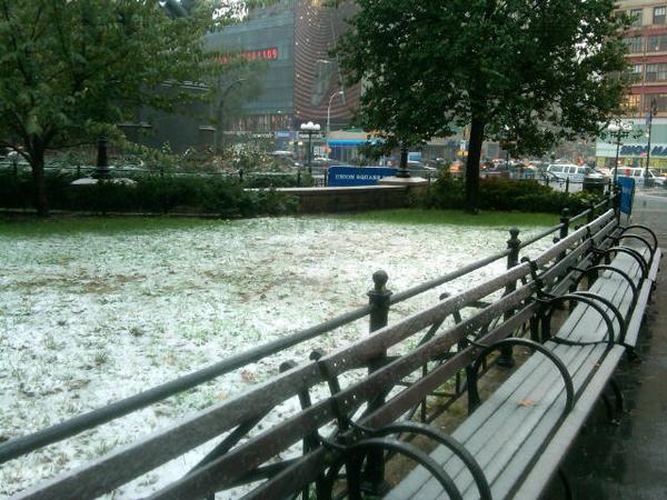 Snow gathers in Union Square, Manhattan. Snow gathers in Union Square, Manhattan.