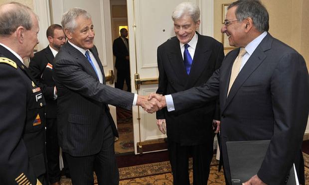 Former senator Chuck Hagel with Secretary of Defense Leon Panetta.
