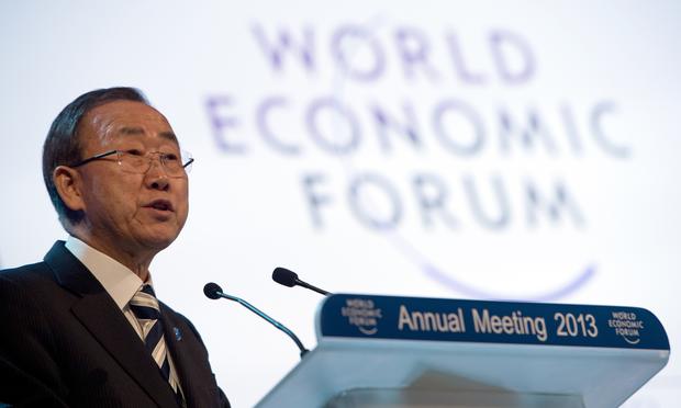 United Nations Secretary General Ban Ki-moon speaks during a session of the 2013 World Economic Forum Annual Meeting on January 24, 2013 at the Swiss resort of Davos.