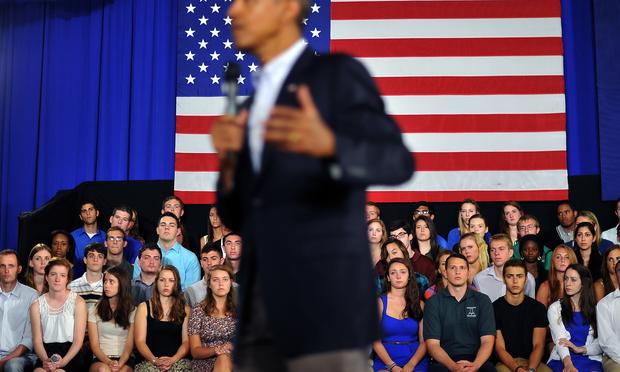 US President Barack Obama answers a question during a town hall meeting at Binghamton University, on August 23, 2013 in Binghamton, New York.
