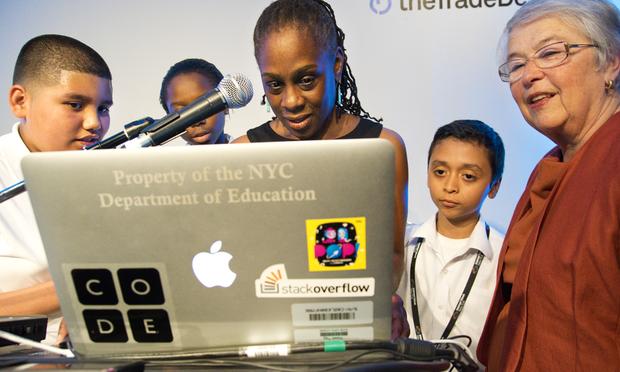 First Lady McCray and Schools Chancellor Fariña create their own 'scratch project' using coding. M.S. 223 students direct the two women in the project. First Lady McCray and Schools Chancellor Fariña create their own 'scratch project' using coding. M.S. 223 students direct the two women in the project.