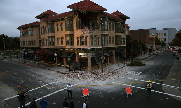A building is seen destroyed following a reported 6.0 earthquake on August 24, 2014 in Napa, California.