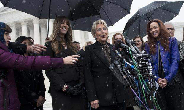 Barbara Green, co-founder of Hobby Lobby, speaks to press outside the Supreme Court.