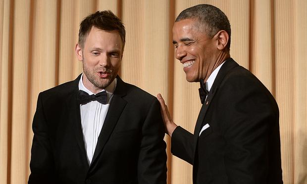 US President Barack Obama and comedian Joel McHale share a laugh at the 2014 White House Correspondent's Association Gala at the Washington Hilton