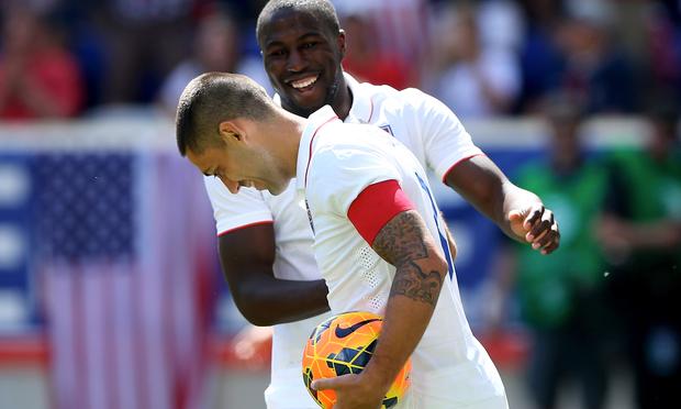 Clint Dempsey #8 of the United States is congratulated by teammate Jozy Altidore #17 after Dempsey scored in the second half against Turkey during an international friendly