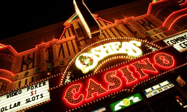 LAS VEGAS - SEPTEMBER 17: The facade of a Casino is seen at night on Las Vegas Boulevard on September 17 in Las Vegas.