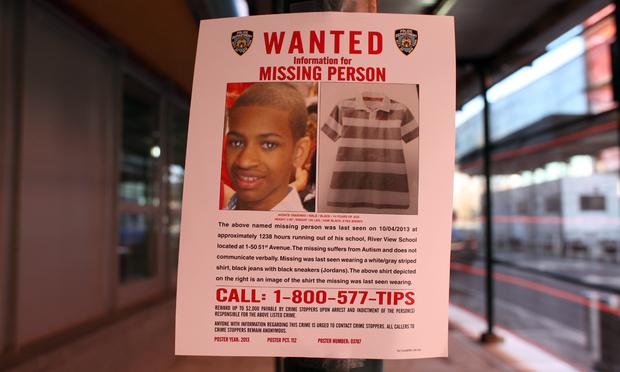 Poster for the missing autistic child Avonte Oquendo in October, 2013. Poster for the missing autistic child Avonte Oquendo, 14, outside of his school in Long Island City, Queens.