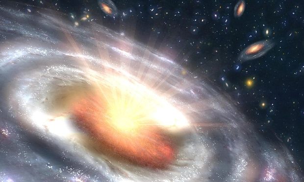 A growing black hole, called a quasar, can be seen at the center of a faraway galaxy in this artist's concept. NASA telescopes discovered similar quasars hiding in galaxies in the distant universe.