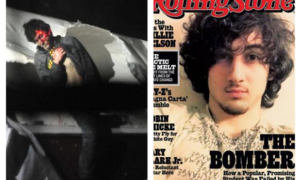 Two images of Dzhokhar Tsarnaev, one from the night of his capture, and another on the cover of Rolling Stone