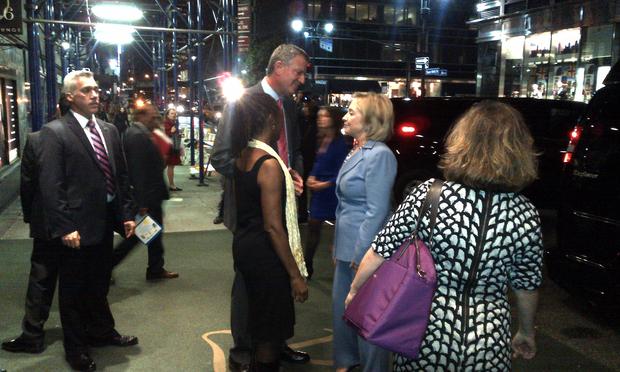 Bill de Blasio and wife Chirlane McCray say goodbye to Hillary Clinton after the mayoral candidate's Oct. 21, 2013 fundraiser.