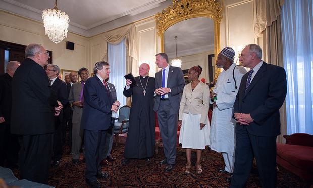 Mayor Bill de Blasio attends an interfaith roundtable meeting on strengthening police-community relations with members of New York City’s clergy, hosted by Timothy Cardinal Dolan.