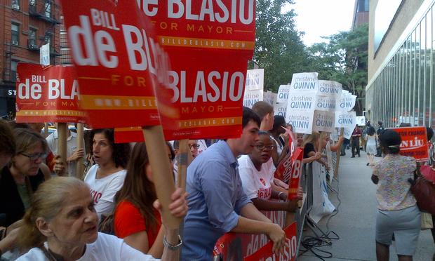 Supporters outside WABC-7 studios before August 13, 2013 Democratic mayoral debate
