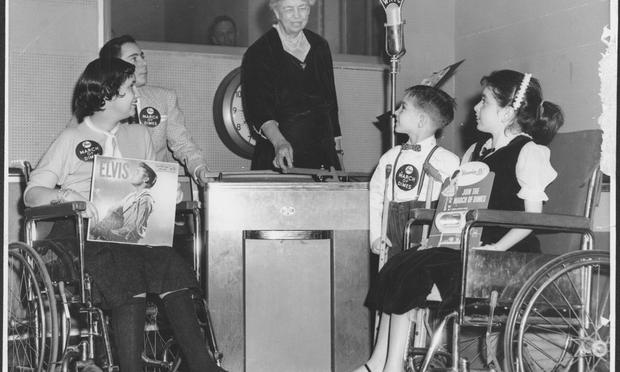 Eleanor Roosevelt deejays at WNYC for children afflicted with polio, February 6, 1957.