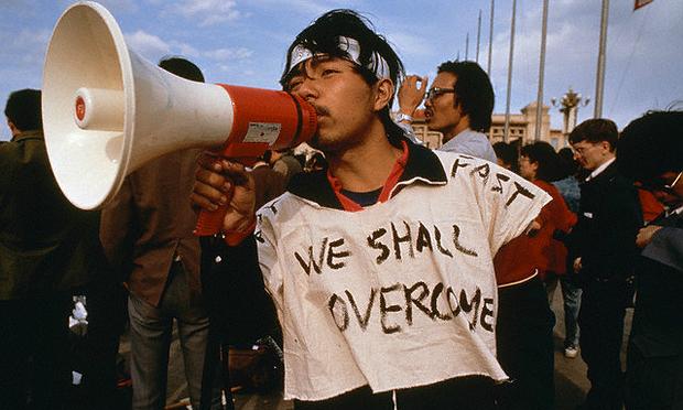 A Chinese student at the 1989 Tiananmen Square protests, where speakers playing Beethoven were set up to drown out government broadcasts A Chinese student at the 1989 Tiananmen Square protests, where speakers playing Beethoven were set up to drown out government broadcasts