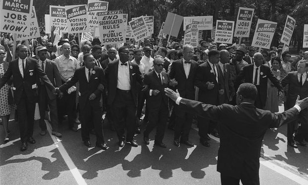 The March on Washington, August 28, 1963. Civil rights and union leaders, including Martin Luther King Jr., Joseph L. Rauh Jr., Whitney Young and others pictured.