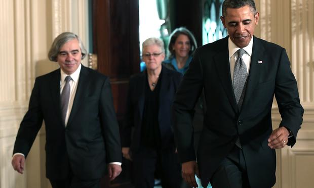 President Barack Obama arrives for an event announcing the nominations of MIT professor Ernest Moniz as Energy Secretary and Gina McCarthy to head the Environmental Protection Agency