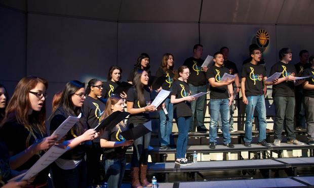 17-year-old Trey Pernell, composer, from Denver, Colorado, with the Phoenix Children's Chorus and Ron Carpenter, artistic director, performing Trey's original composition 'O Captain! My Captain!' The 17-year-old Trey Pernell, composer, from Denver, Colorado, with the Phoenix Children's Chorus and Ron Carpenter, artistic director, performing Trey's original composition 'O Captain! My Captain!' The
