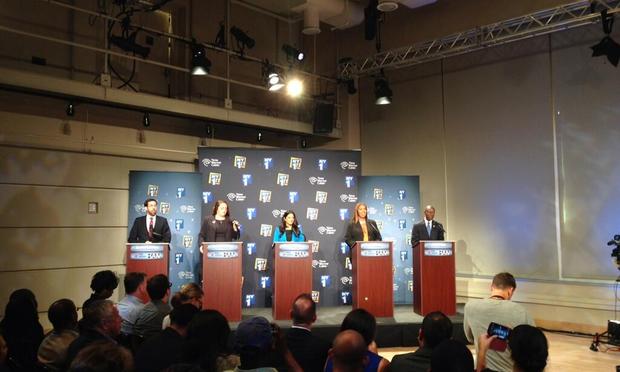 The Democratic candidates for Public Advocate. (From L-R): Daniel Squadron, Cathy Guerriero, Reshma Saujani, Letitia James, and Sidique Wai