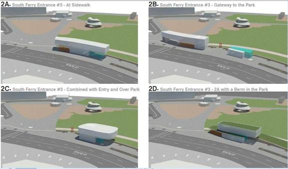 Schematics for proposed above-ground relay room serving South Ferry subway station.